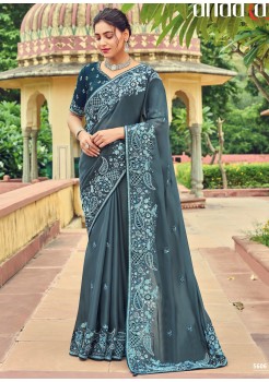 Blue    Silk With Heavy Embroidery Saree